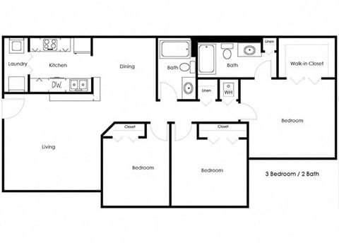Floor plan for 3 beds, 2 baths, 1202 sqft